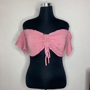 Kanji Frilled trim shirred Off shoulder Crop top